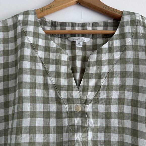 L.L.Bean Signature Linen Split-Neck Shirt Size Medium Green Gingham - Picture 3 of 7